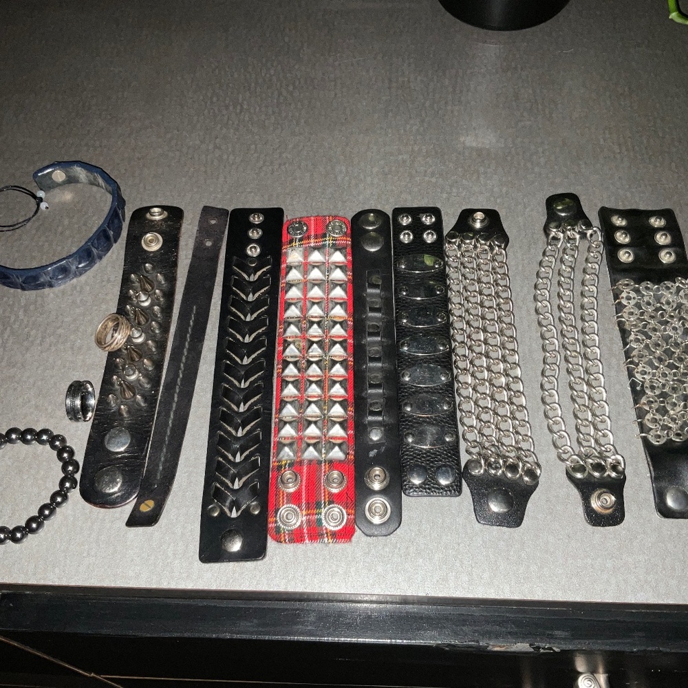 11 misc punk rock bracelets, 2 rings, 1 necklace